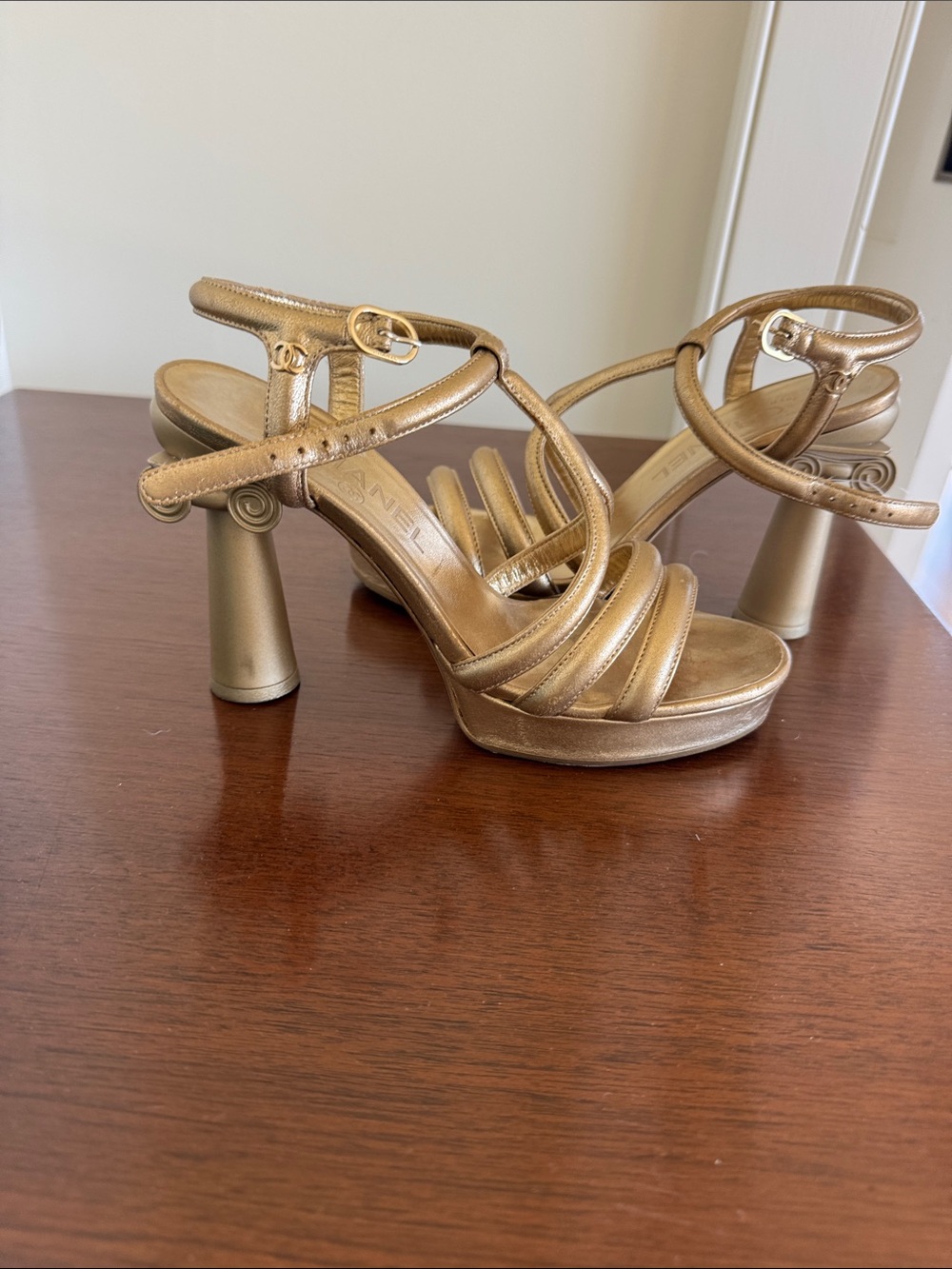 CHANEL Metallic Gold Sculpted Heel Strappy Sandals